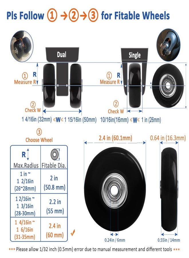 ASUNTOM Luggage Wheels Replacement 60x14mm, 8PCS Swivel Caster Wheels with Axles & Repair Kit, Precision Ball Bearings for Quiet Smooth Rolling, Fit for Suitcase, Travel Trolley Bag, Cart Dolly, Black - Image 2